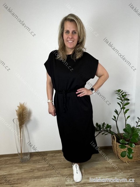 Šaty dlhé letné s opaskom krátky rukáv dámske nadrozměr HANNA (42/44/46 ONE SIZE) TALIANSKA MÓDA IM426000327/DUR  čierna