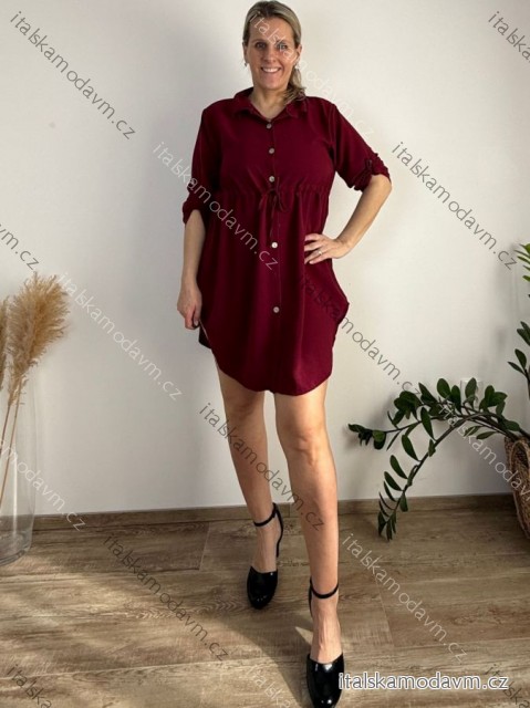 Šaty košilové 3/4 krátký rukáv dámské (S/M/L/XL ONE SIZE) ITALSKÁ MÓDA IMC23025/DU vínová L/XL