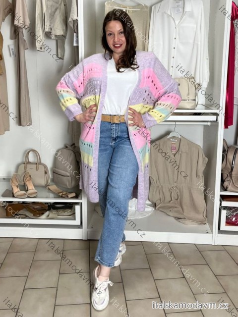 Cardigan pletený dlouhý rukáv dámský nadrozměr (54/56/58 ONE SIZE) ITALSKÁ MÓDA IM42612/DUR 54/56/58 fialová