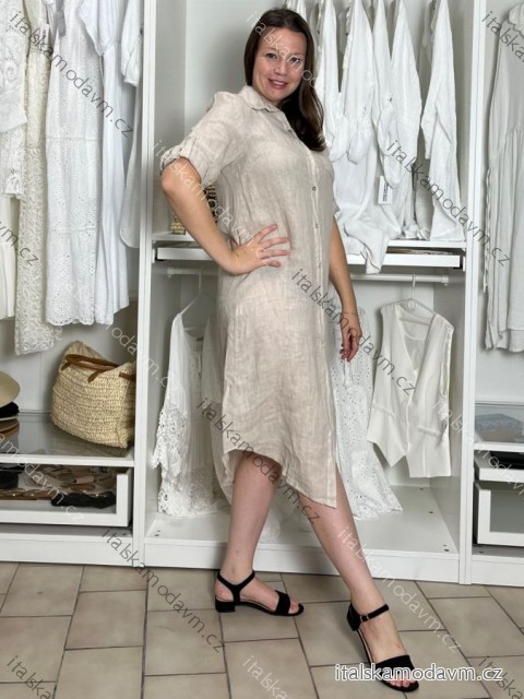 Šaty lněné košilové krátký rukáv dámské (S/M/L ONE SIZE) ITALSKÁ MODA IM7250001/DU béžová S/M/L