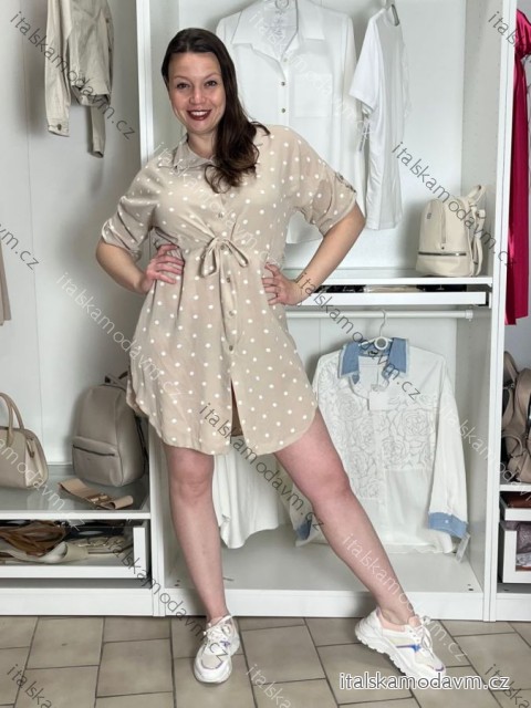 Šaty košilové letní puntíkaté 3/4 rukáv dámské (S/M/L/XL ONE SIZE) ITALSKÁ MÓDA IMM26M24081/DUR S/M/L béžová