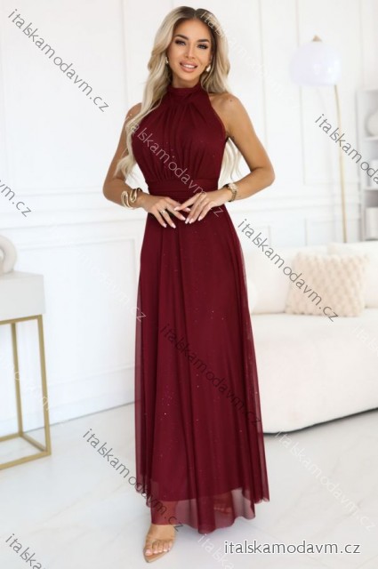 636-1 VERONICA luxusné dlhé šaty s brokátovým akcentom a elegantným strihom - bordové