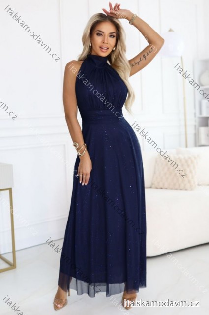 636-2 VERONICA luxusné dlhé šaty s brokátovým akcentom a elegantným strihom - tmavomodré