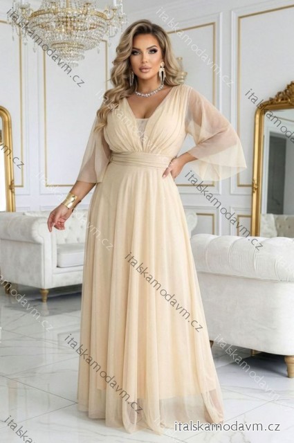 654-2 Dlhé, trblietavé šaty plus size s výstrihom a priehľadnými rukávmi - šampanskobéžové