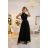 662-2 Elegantné večerné maxi šaty s tylom a zaväzovaním v páse - čierne