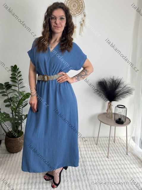 Šaty elegantní košilové s páskem krátký rukáv dámské Luka (42/44/46 ONE SIZE) ITALSKÁ MÓDA IMD25084/DUR modrá džínová 42/44/46