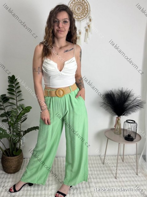 Nohavice letní s opaskom dámske TERNA (S/M/L ONE SIZE) TALIANSKA MÓDA IM426001356/DUR světle zelená S/M/L