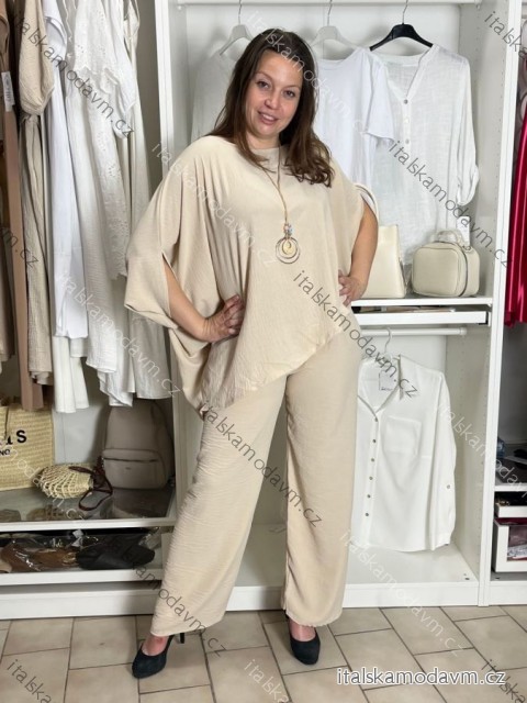 Komplet elegantní Tunika krátký rukáv a kalhoty dámské ¨(M/L/XL ONE SIZE) ITALSKÁ MÓDA IM426235/DUR M/L/XL béžová