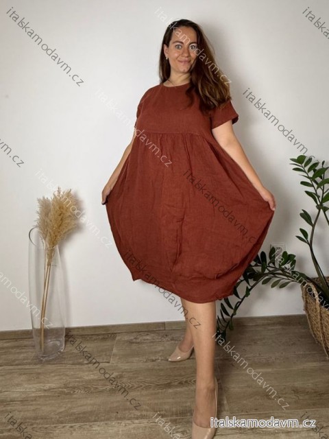 Šaty dlhé lněné letné krátky rukáv dámske nadrozmer KRYSTA (50/52/54 ONE SIZE) IMPSM251010/DUR 50/52/54 červená tehlová