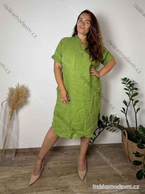 Šaty lněné letné krátky rukáv dámske nadrozmer MaRTA (52/54/56 ONE SIZE) IMPSM251011/DUR  zelená