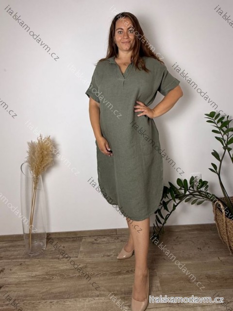 Šaty lněné letné krátky rukáv dámske nadrozmer MaRTA (52/54/56 ONE SIZE) IMPSM251011/DUR  zelená khaki