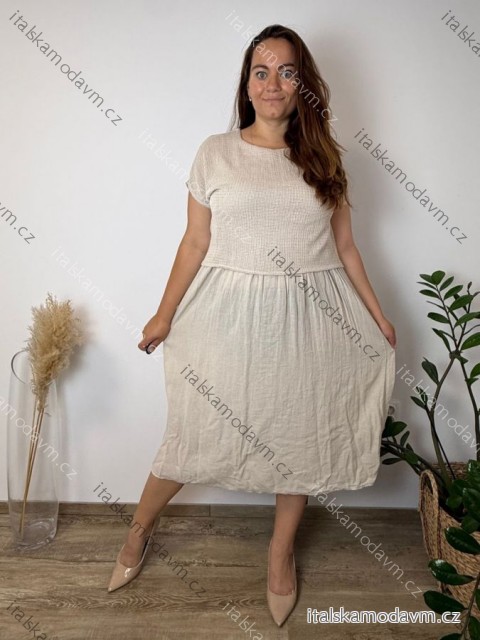 Šaty dlouhé se svetříkem krátký rukáv dámské nadrozměr (44/46/48 ONE SIZE) ITALSKÁ MÓDA IMC26207/DUR 44/46/48 béžová