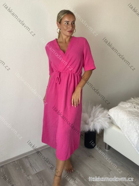 Šaty dlouhé letní mušelínové krátký rukáv dámské (S/M/L ONE SIZE) ITALSKÁ MÓDA IM424404/DUR tm. růžová M/L