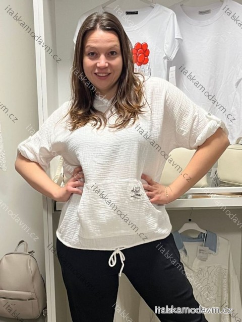 Tunika mušelínová s kapucňou 3/4 rukáv dámska nadrozmer (42/44/46 ONE SIZE) TALIANSKA MÓDA IMSM2612563
