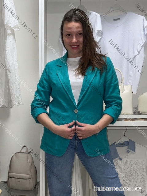 Sako lněné dlouhý rukáv dámské nadrozměr SIMONE (40/42/44 ONE SIZE) ITALSKÁ MÓDA IMPCS2613897/DUR 40/42/44 tyrkysová