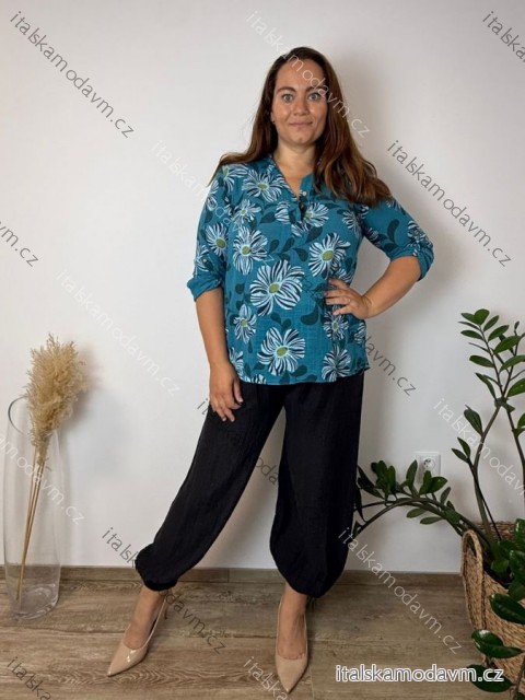 Košilová tunika 3/4 krátký rukáv dámská nadrozměr  (42/44/46) ITALSKá MODA IMSM2632564/DUR 42/44/46 modrá petrolejová