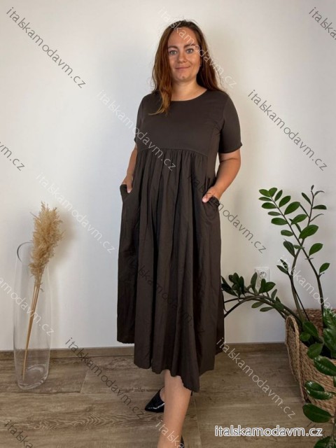 Šaty krátký rukáv dámské nadrozměr JULIE (48/50/52 ONE SIZE) ITALSKÁ MÓDA IMSM25JULIE/DUR tm. hnědá 48/50/52