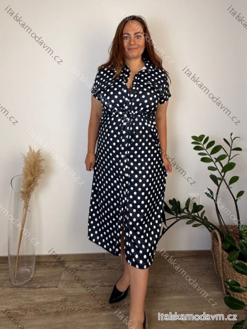 Šaty košilové puntíkaté krátký rukáv dámske nadrozmer (42/44/46 ONE SIZE) TALIANSKA MÓDA IMWHA260003/DUR  čierna