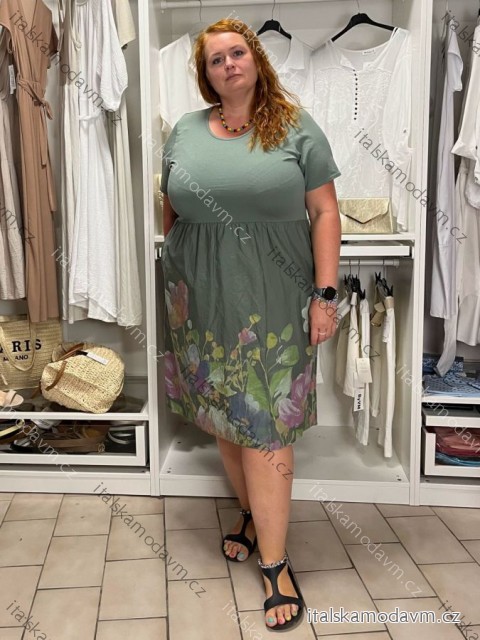 Šaty letní krátký rukáv dámské nadrozměr PAUOLA (48/50/52 ONE SIZE) ITALSKÁ MÓDA IMSM2600014/DUR 48/50/52 zelená khaki