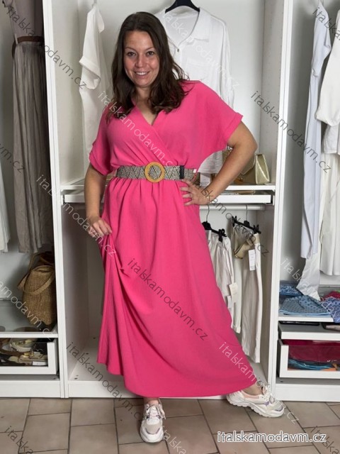 Šaty letné košeľové s opaskom krátky rukáv dámske Luka (M/L/XL ONE SIZE) TALIANSKA MóDA IM425036/DUR L / XL tmavo ružová