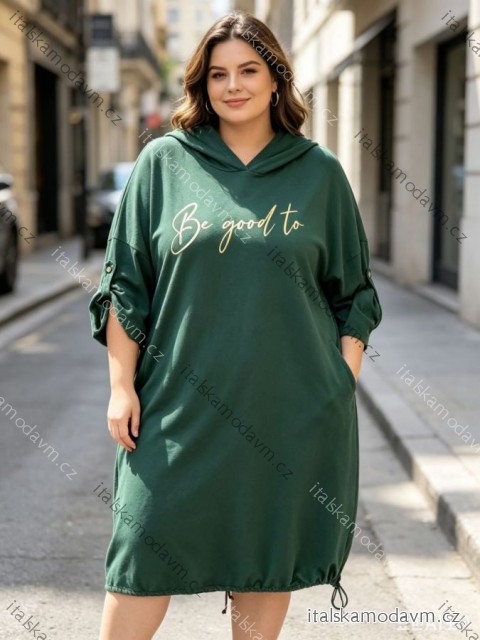 Šaty mikinové s kapucí 3/4 dlouhý rukáv dámské (S/M/L ONE SIZE) ITALSKÁ MÓDA IM426260