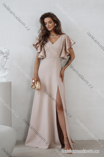 Šaty dlouhé elegantní flitrové krátký rukáv dámské nadrozměr (34-50) POLSKÁ MÓDA PMLWD26MARINA béžová 46