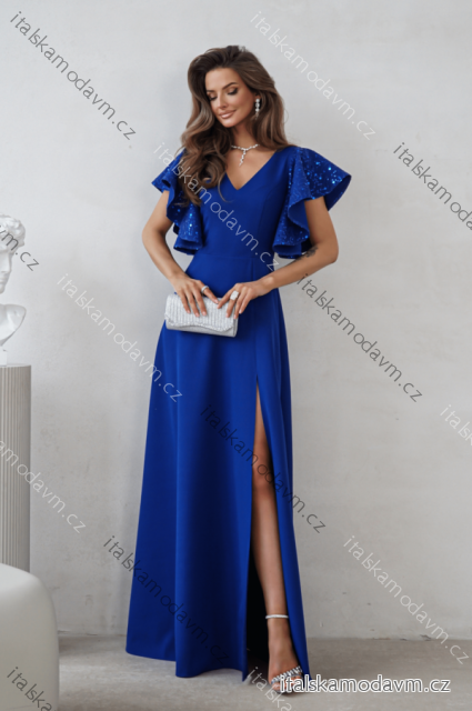 Šaty dlhé elegantné flitrové krátky rukáv dámske nadrozmer (34-50) POLSKÁ MÓDA PMLWD26MARINA2 modrá kráľovská 46