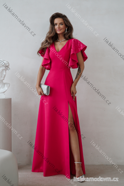 Šaty dlhé elegantné flitrové krátky rukáv dámske nadrozmer (34-50) POLSKÁ MÓDA PMLWD26MARINA5 ružová fuchsiová 38