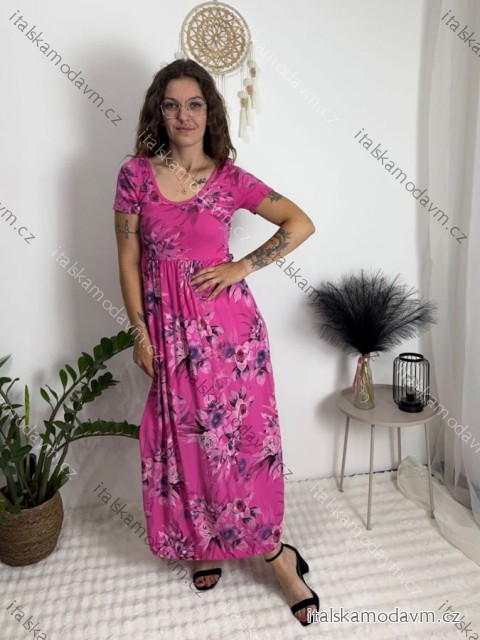 Šaty letní krátký rukáv dámské FLORA (S/M/L ONE SIZE) ITALSKÁ MÓDA IMSM25019-1/DUR tmavě růžová S/M/L