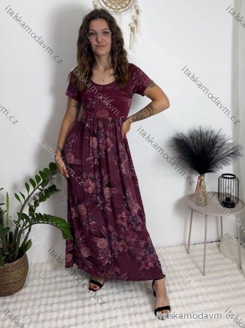 Šaty letní krátký rukáv dámské FLORA (S/M/L ONE SIZE) ITALSKÁ MÓDA IMSM25019-1/DUR vínová S/M/L
