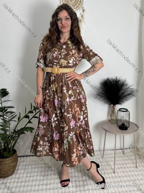 Šaty dlouhé košilové 3/4 dlouhý rukáv  dámské (S/M/L ONE SIZE) ITALSKÁ MÓDA IMM267662/DR hnědá S/M/L
