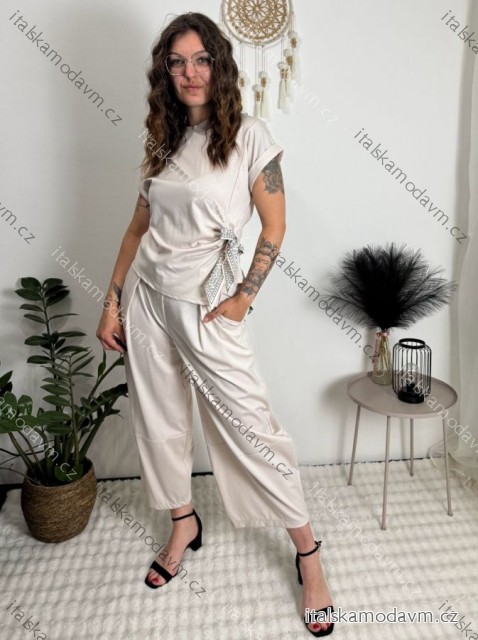 Súprava elegantná blúzka krátky rukáv a nohavice dámske  (S/M/L ONE SIZE) TALIANSKA MÓDA IMC261010/DR béžová S/M/L