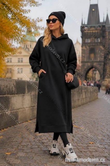 Šaty mikinové zateplené s kapucňou dlhý rukáv dámske nadrozmer (50/52/54 ONE SIZE) TALIANSKA MÓDA IMD26124