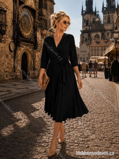 Šaty elegantní s plísovanou sukní dlouhý rukáv dámské (S/M/L ONE SIZE) ITALSKÁ MÓDA IMD26142
