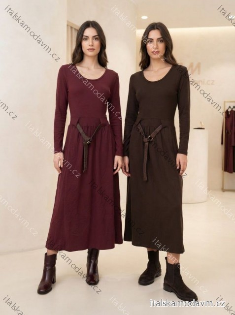 Šaty s páskem dlouhý rukáv dámské (S/M/L ONE SIZE) ITALSKÁ MÓDA IMSM26720/DUR S/M/L vínová